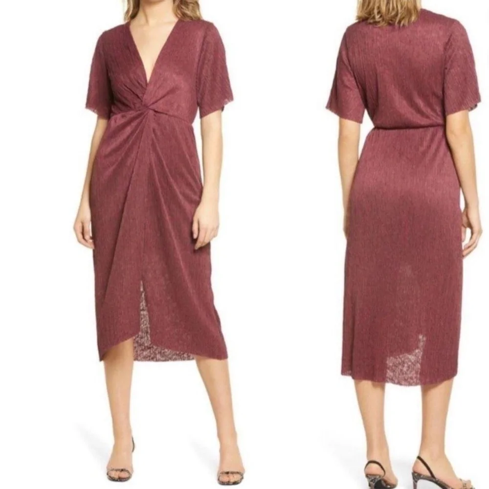ALL IN FAVOR Dolman Plissé Midi Dress Size medium red burgundy deep v - Picture 1 of 6
